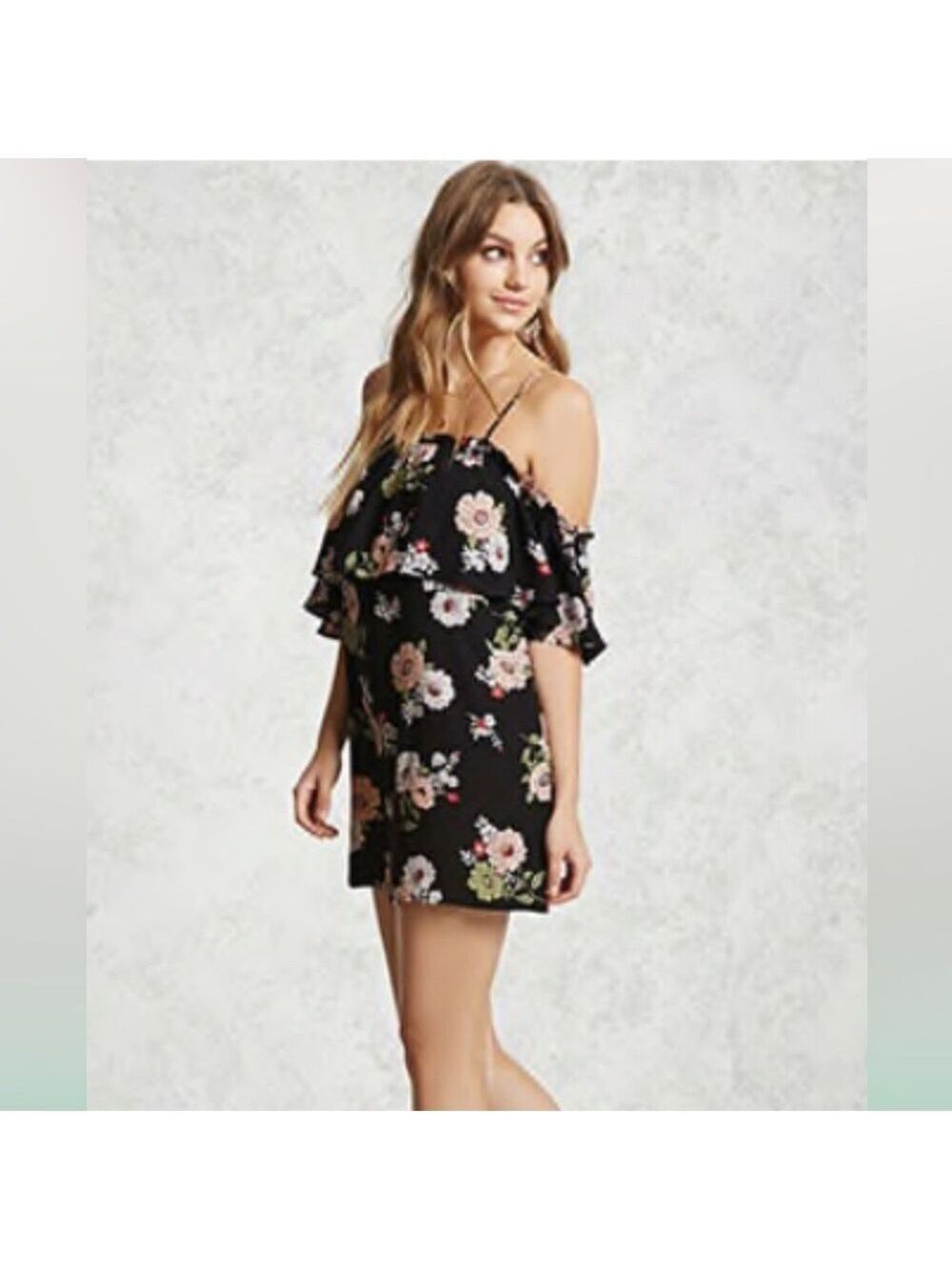 Forever 21 Black Floral Open Shoulder Mini Dress Size Medium